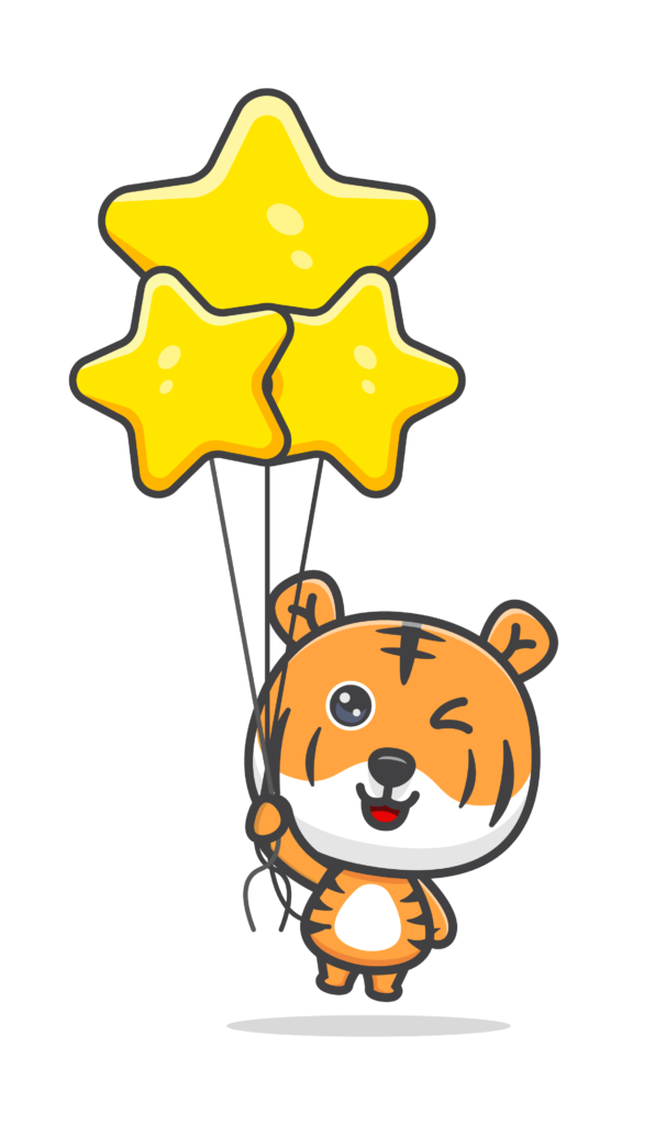 kawaii tiger with yellow star-shaped balloons